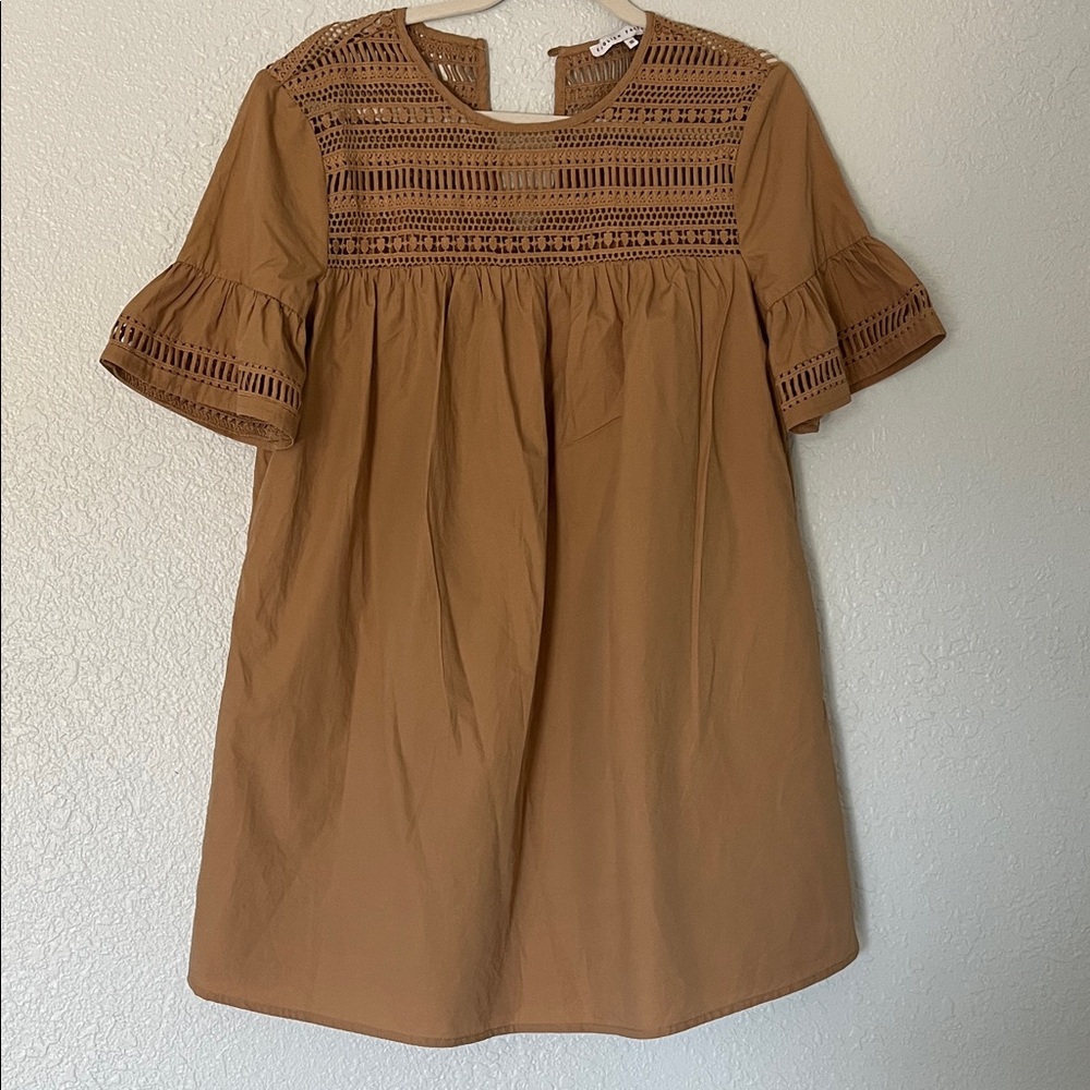 English Factory Girls' Brown Eyelet Yoke Ruffle Sleeve Dress